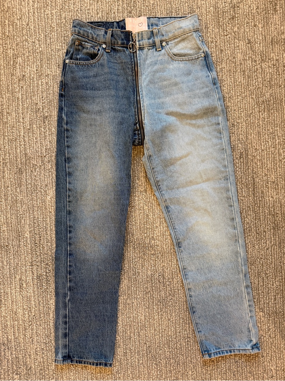 Revice Two-Tone Split Denim Jeans Women 26 High Rise Front & Back Zip Mom Jeans